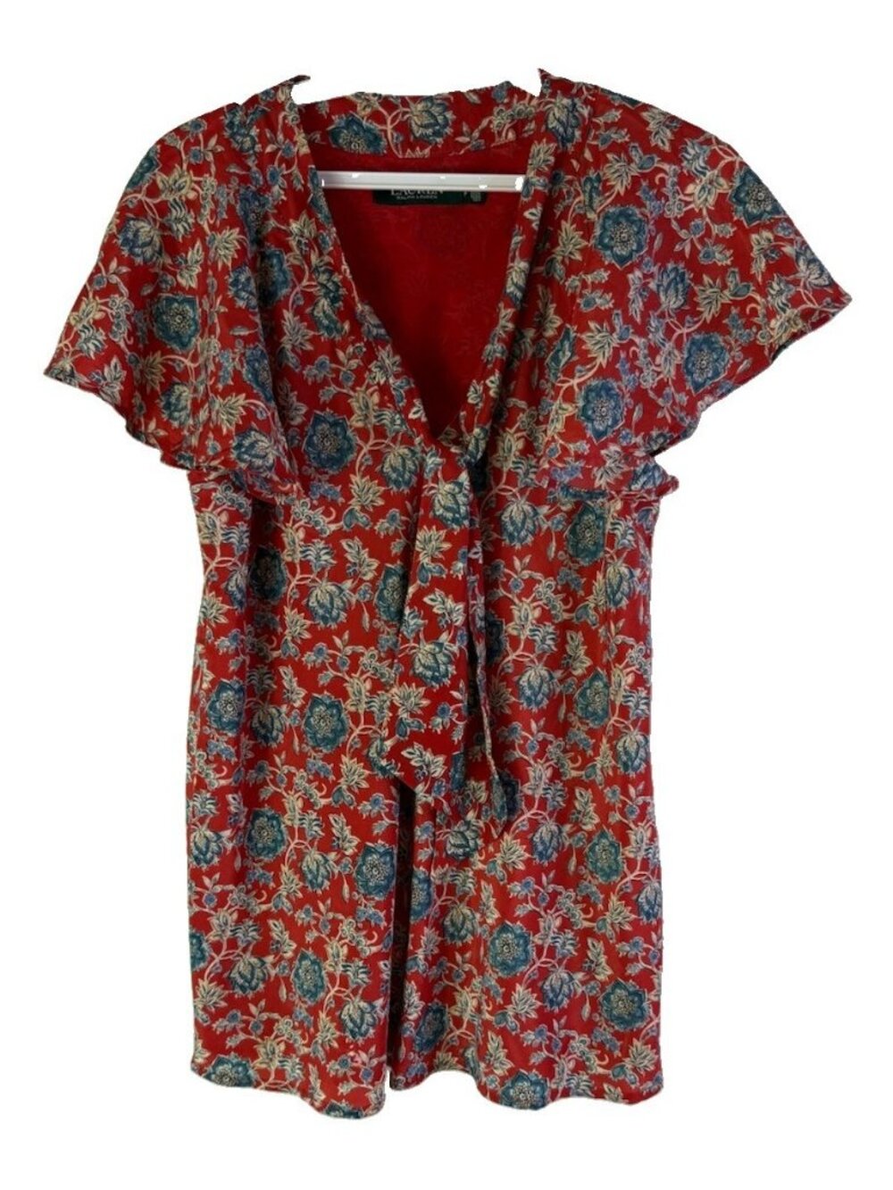 Lauren Ralph Lauren Shirt Top Floral Flounce Pussybow Flowy Chiffon